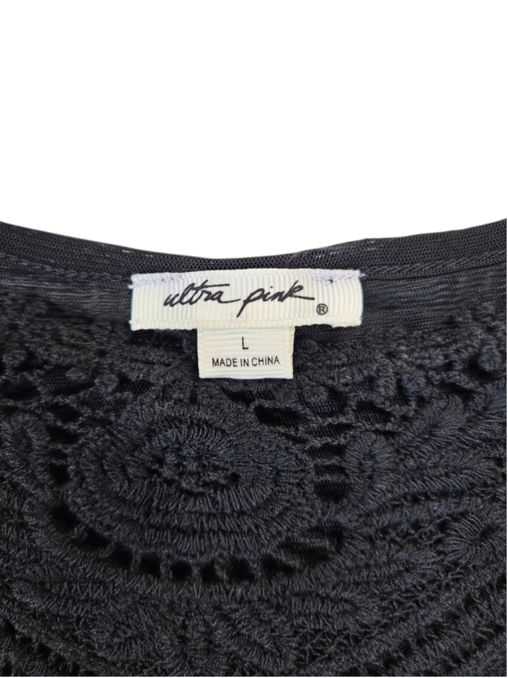 Ultra Pink Womens Black Lace Trim Peasant Top Large Sheer Boho Blouse - Picture 7 of 9